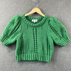 Day + Moon Green Cropped Knit Sweater Puff Sleeve Pointelle Women’s M